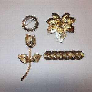Bundle of four lapel pin/brooches, gold-tone color, rose, leaf, bar and circle